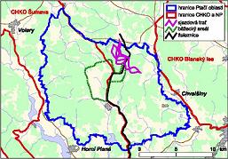 Schématická mapa plánovaného lyžařského areálu v navrhované ptačí oblasti Boletice